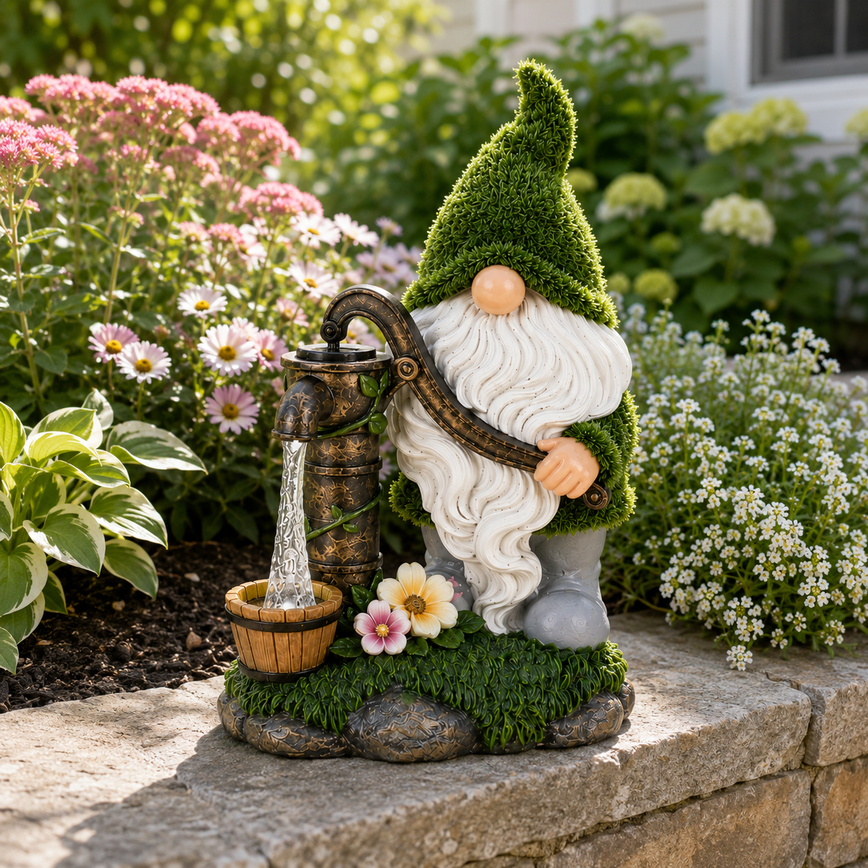 Solar Gnome Water Pump Garden Statue with LED Light