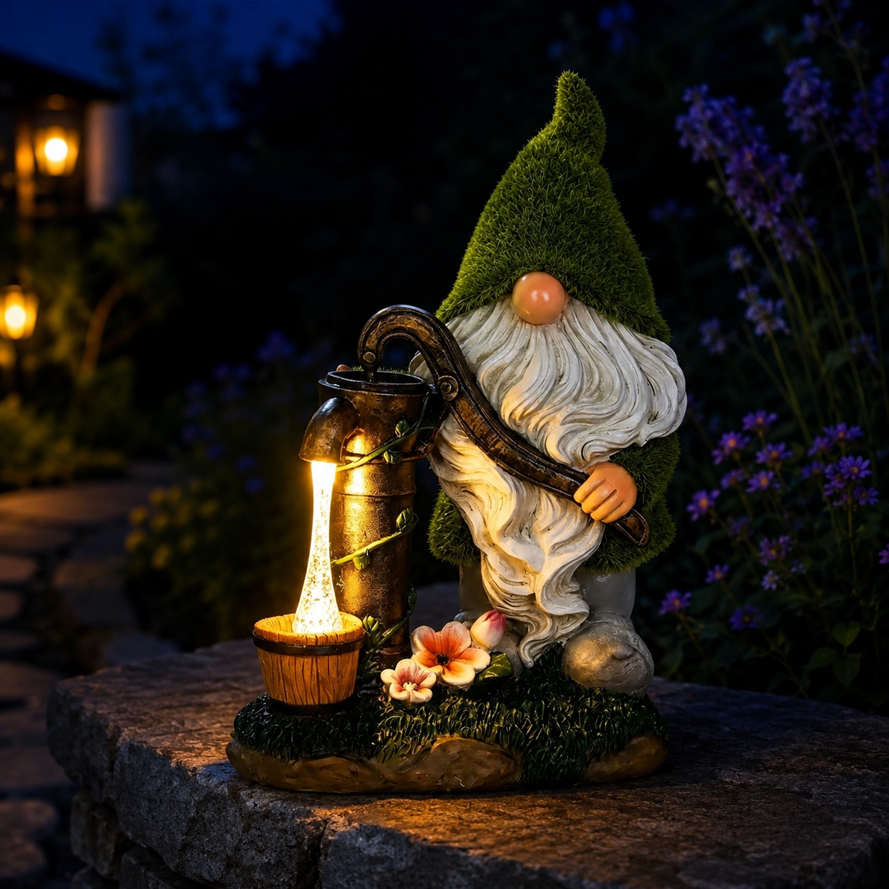 Solar Gnome Water Pump Garden Statue with LED Light