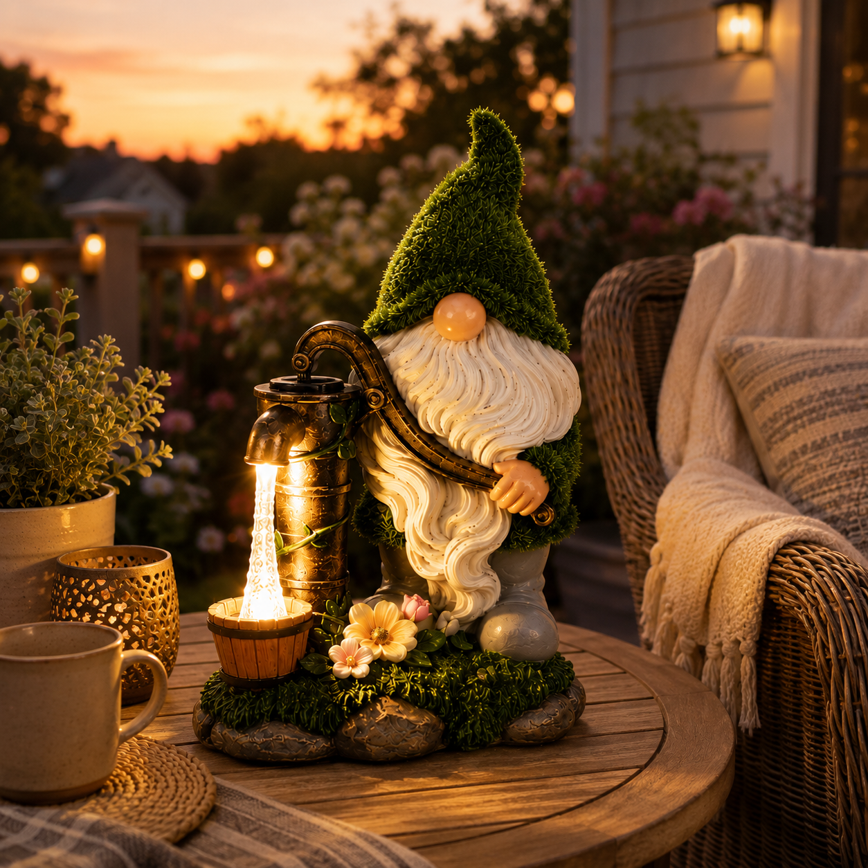 Solar Gnome Water Pump Garden Statue with LED Light