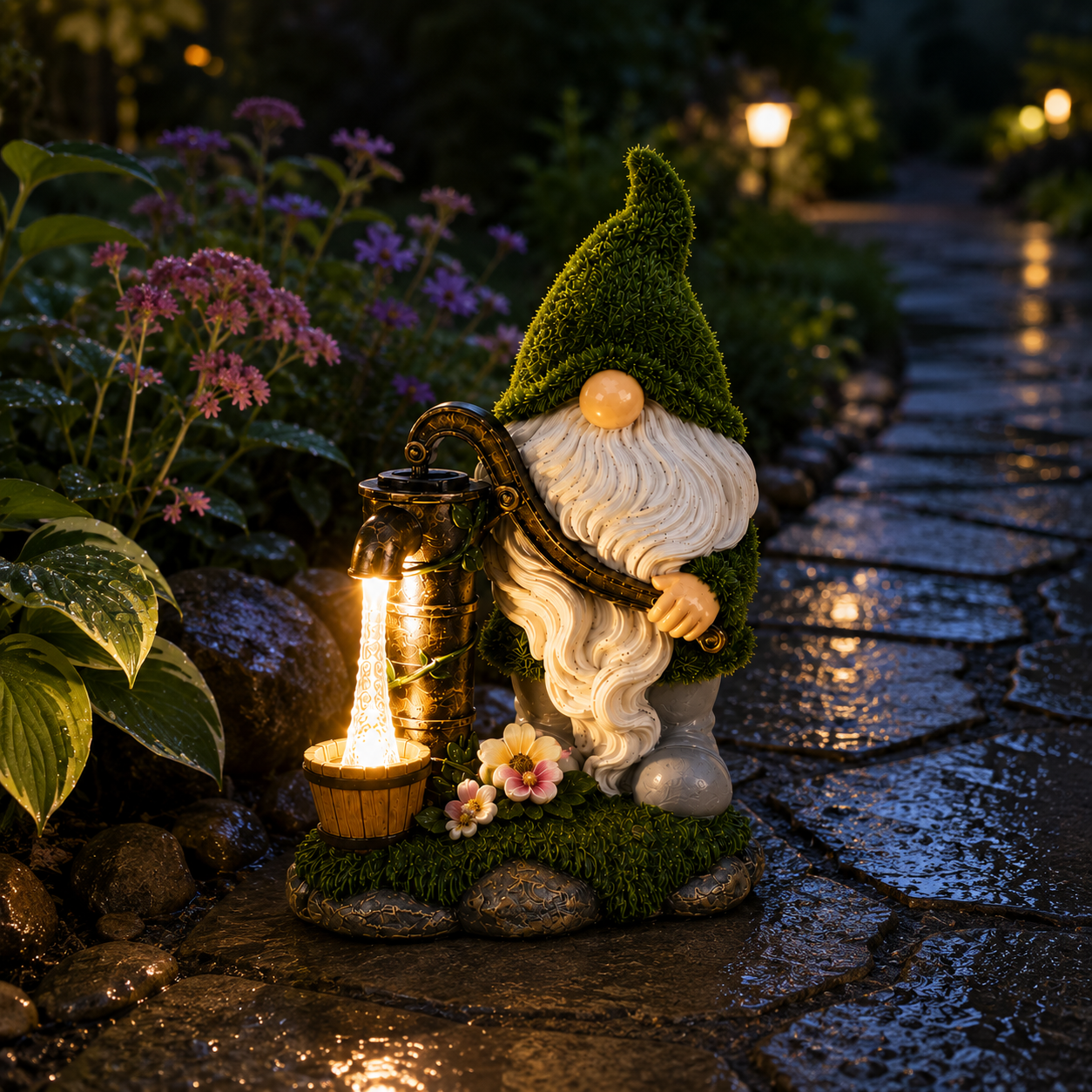 Solar Gnome Water Pump Garden Statue with LED Light