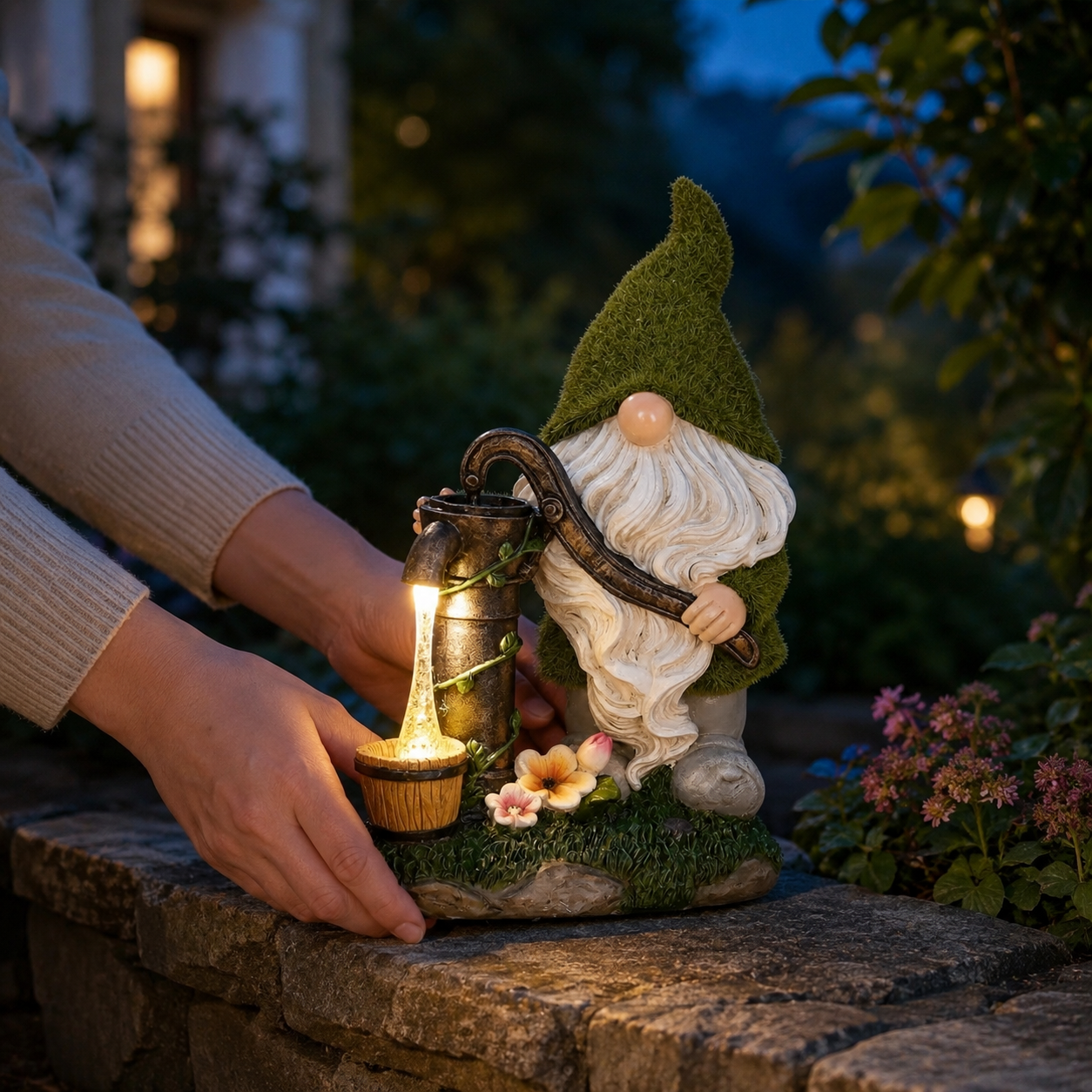 Solar Gnome Water Pump Garden Statue with LED Light