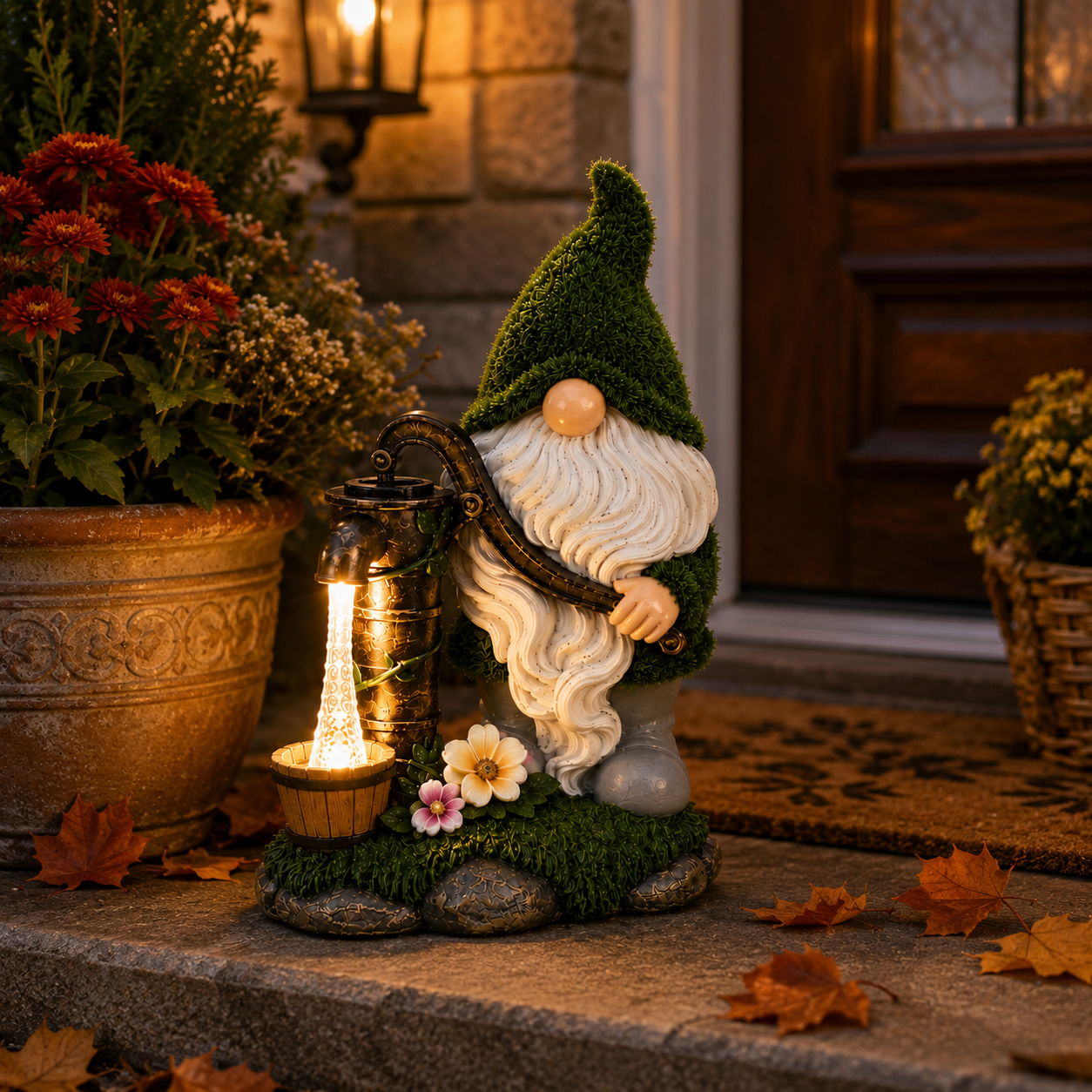 Solar Gnome Water Pump Garden Statue with LED Light