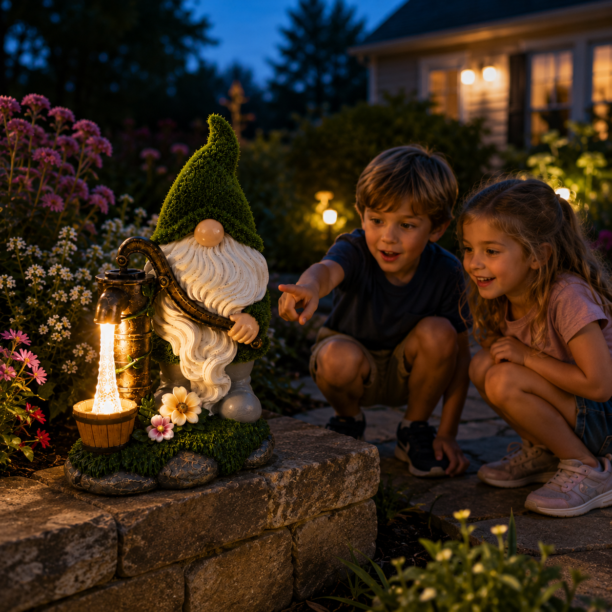 Solar Gnome Water Pump Garden Statue with LED Light