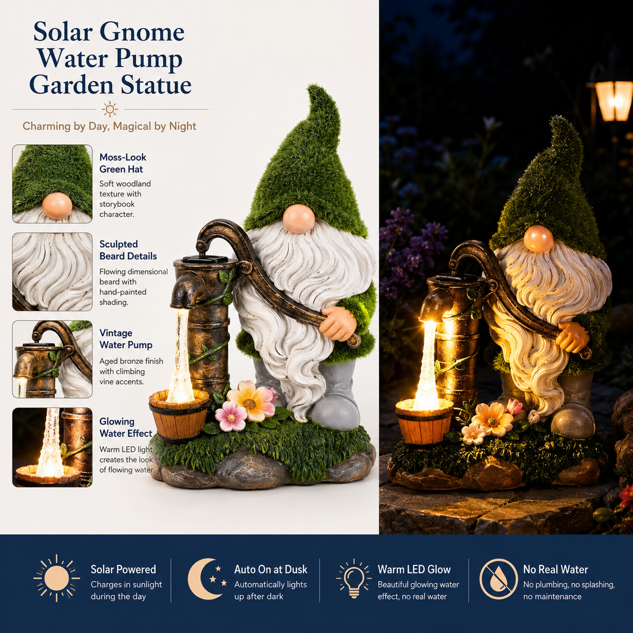 Solar Gnome Water Pump Garden Statue with LED Light