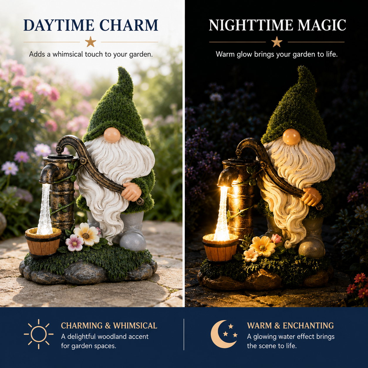 Solar Gnome Water Pump Garden Statue with LED Light