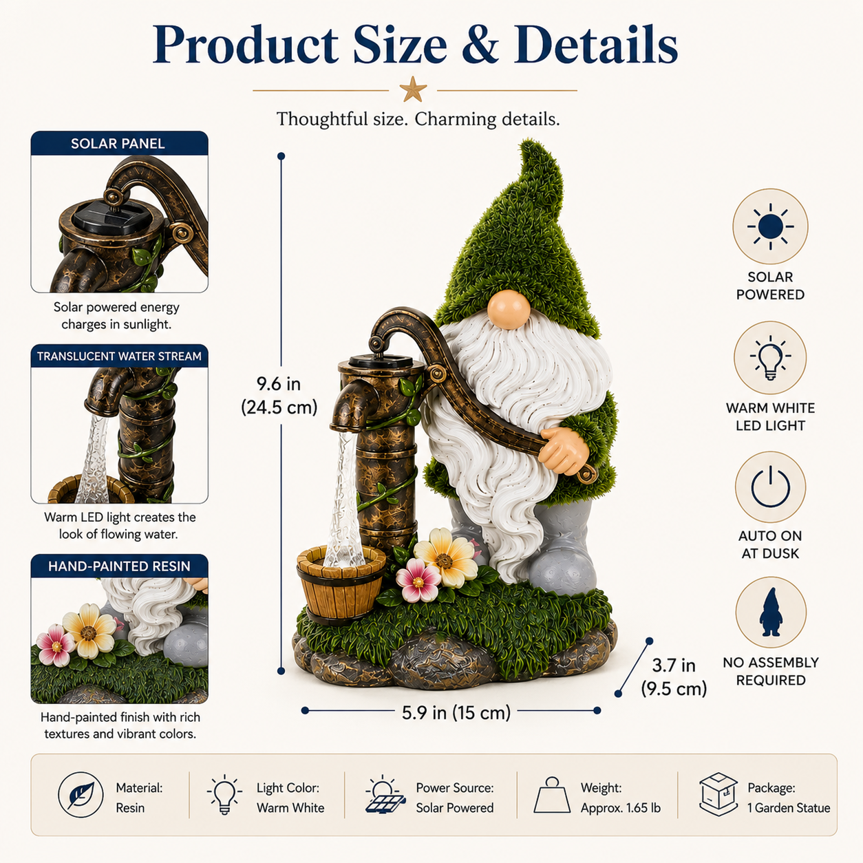 Solar Gnome Water Pump Garden Statue with LED Light