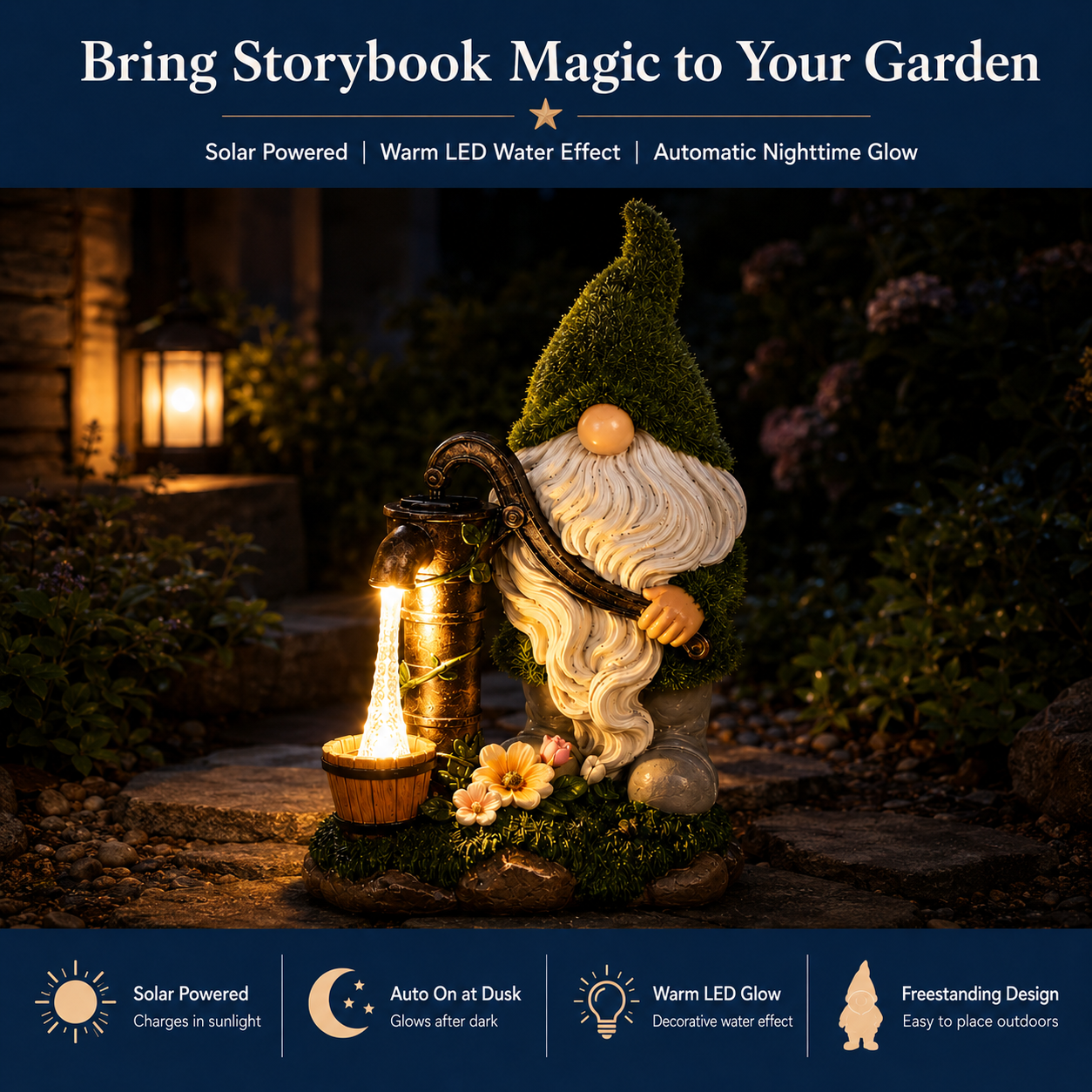 Solar Gnome Water Pump Garden Statue with LED Light