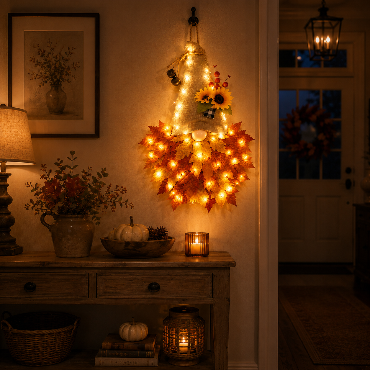 Lighted Fall Gnome Door Hanger