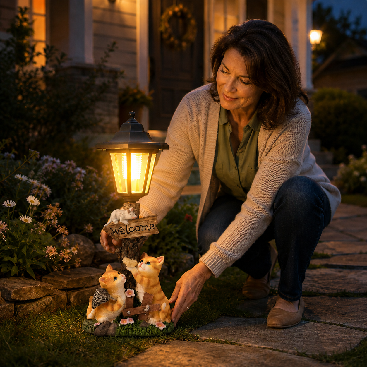 Solar Cat Lantern Garden Statue