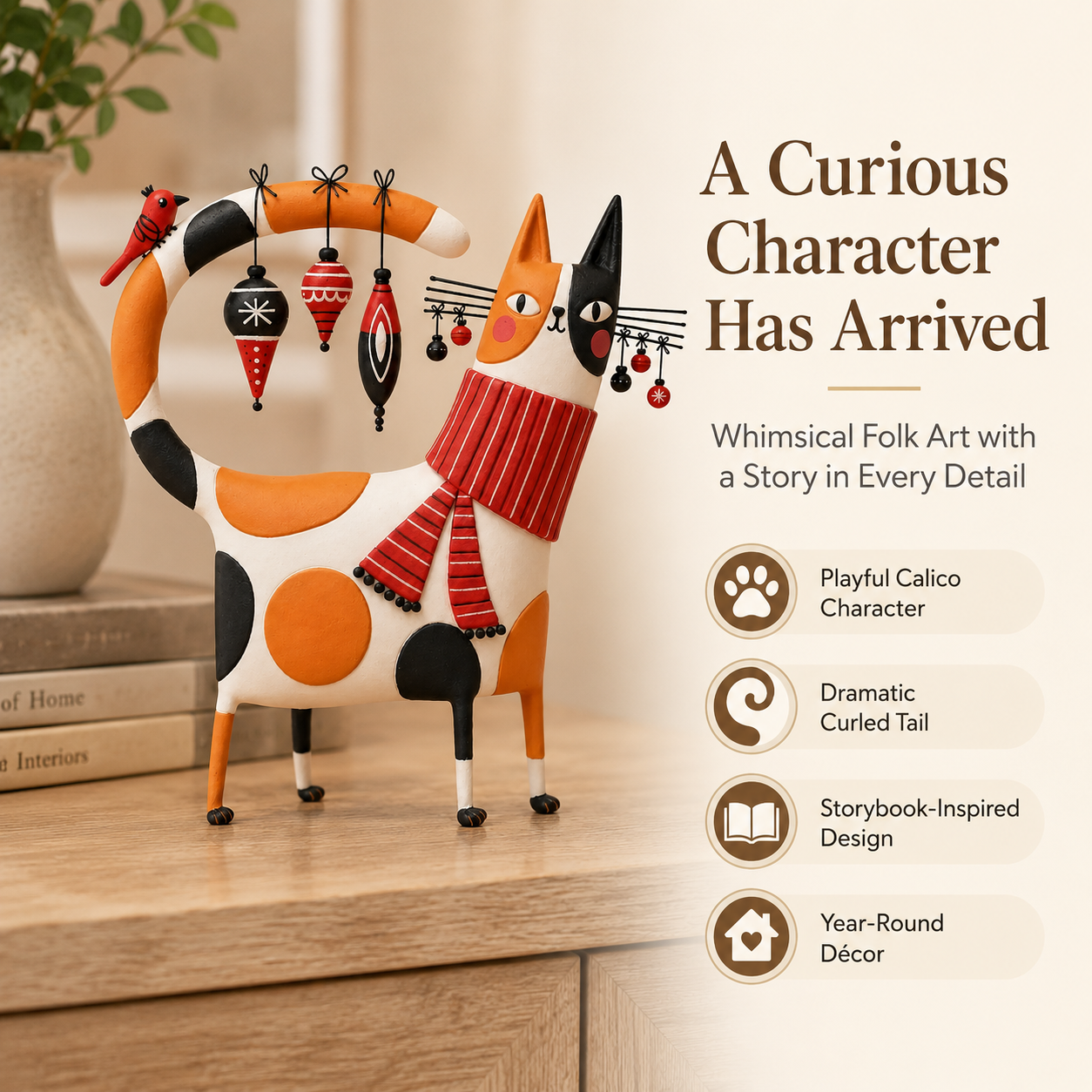 Whimsical Calico Cat Resin Figurine