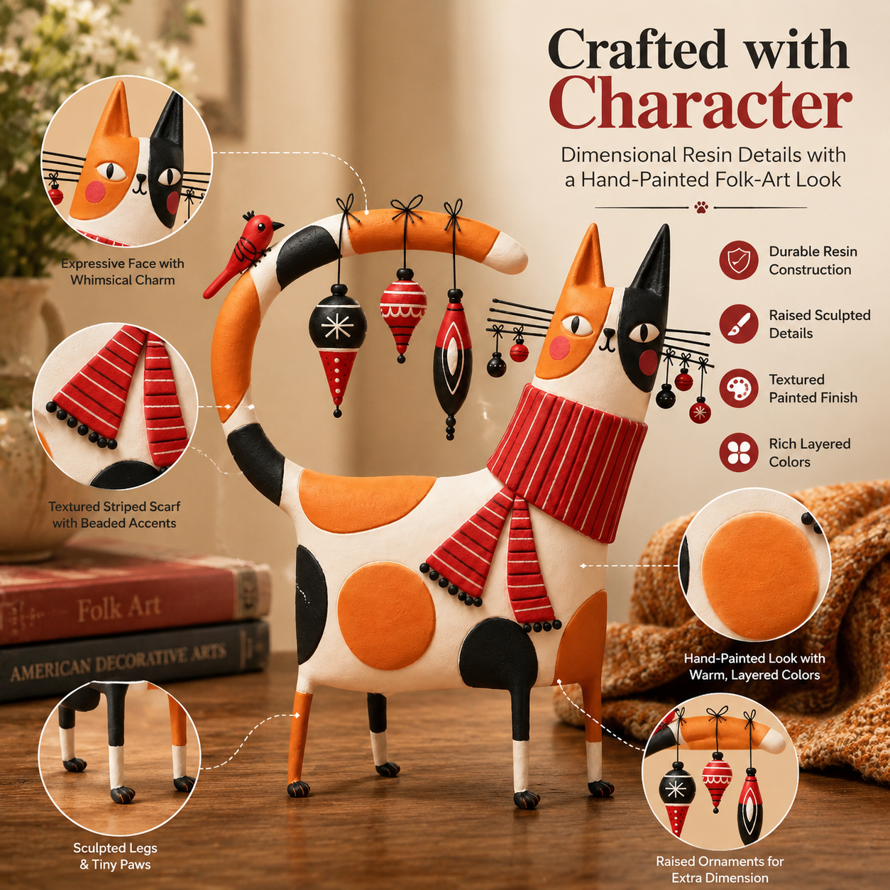 Whimsical Calico Cat Resin Figurine
