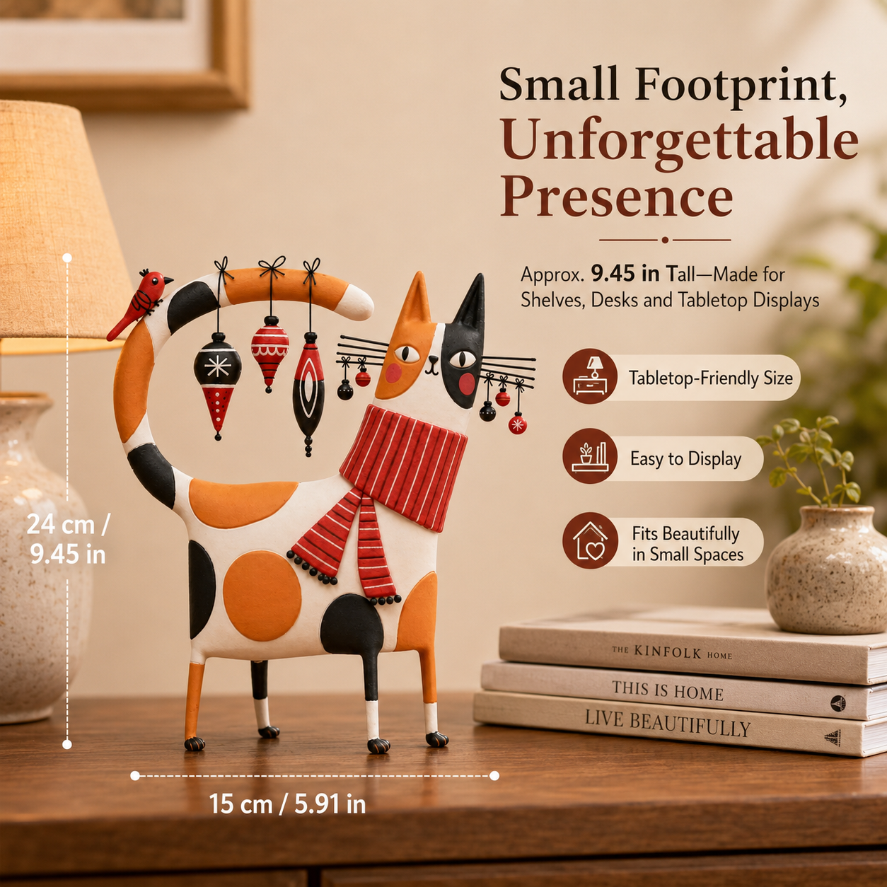 Whimsical Calico Cat Resin Figurine