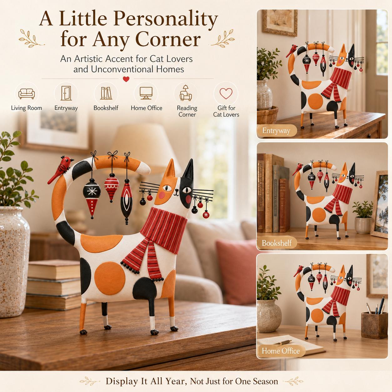 Whimsical Calico Cat Resin Figurine