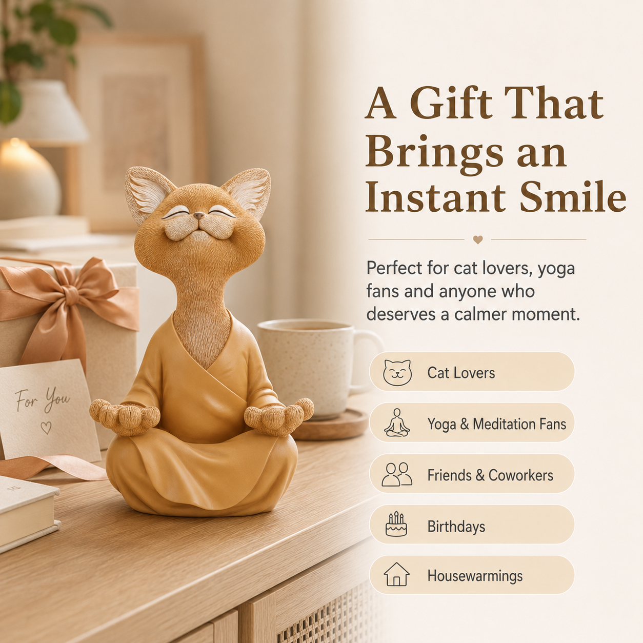 Smiling Zen Cat Meditation Figurine