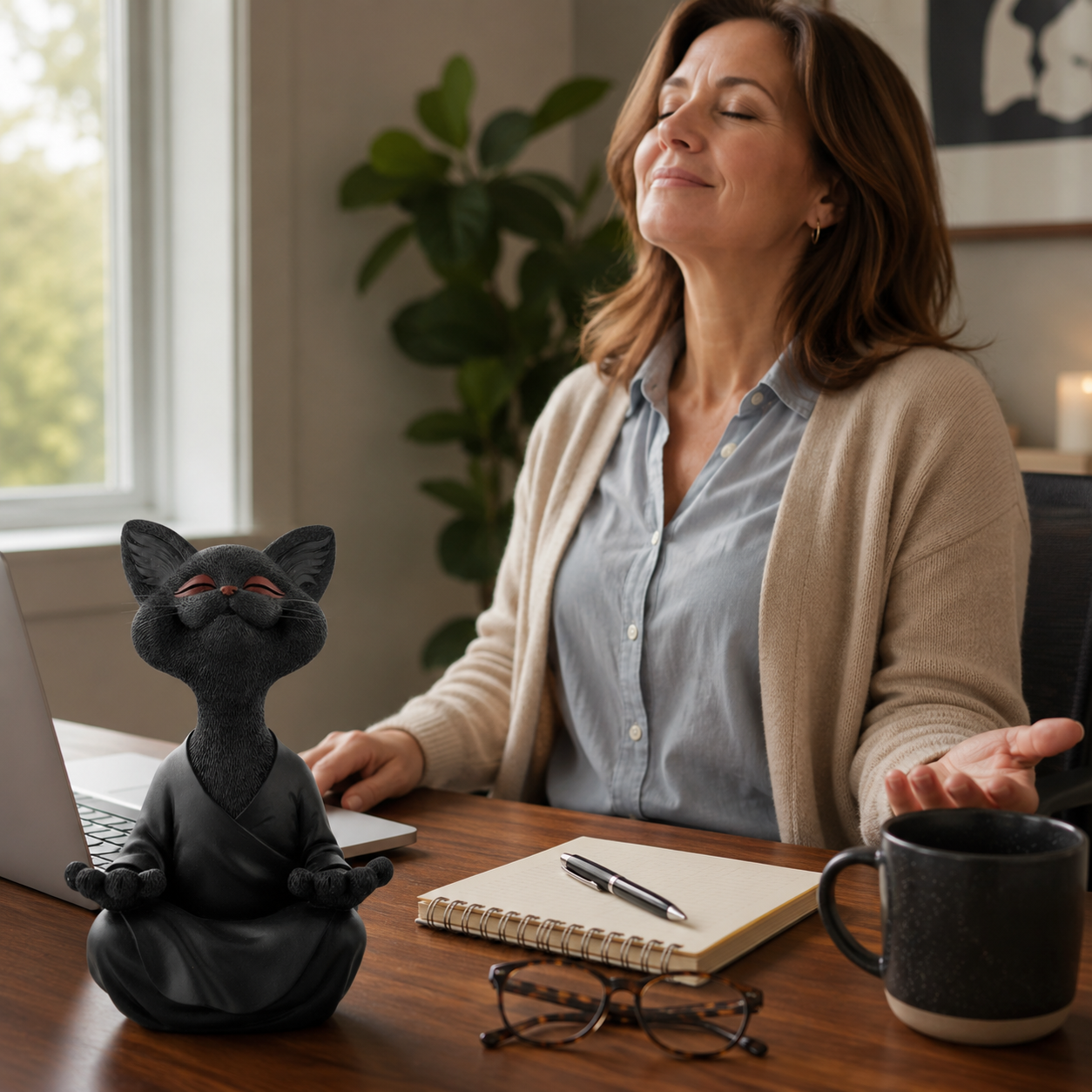 Smiling Zen Cat Meditation Figurine