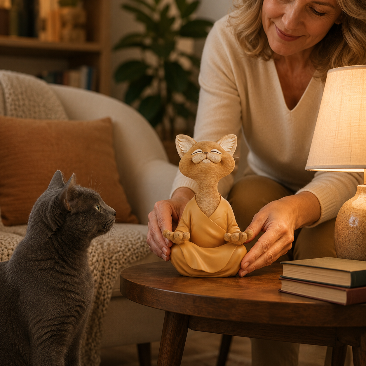 Smiling Zen Cat Meditation Figurine
