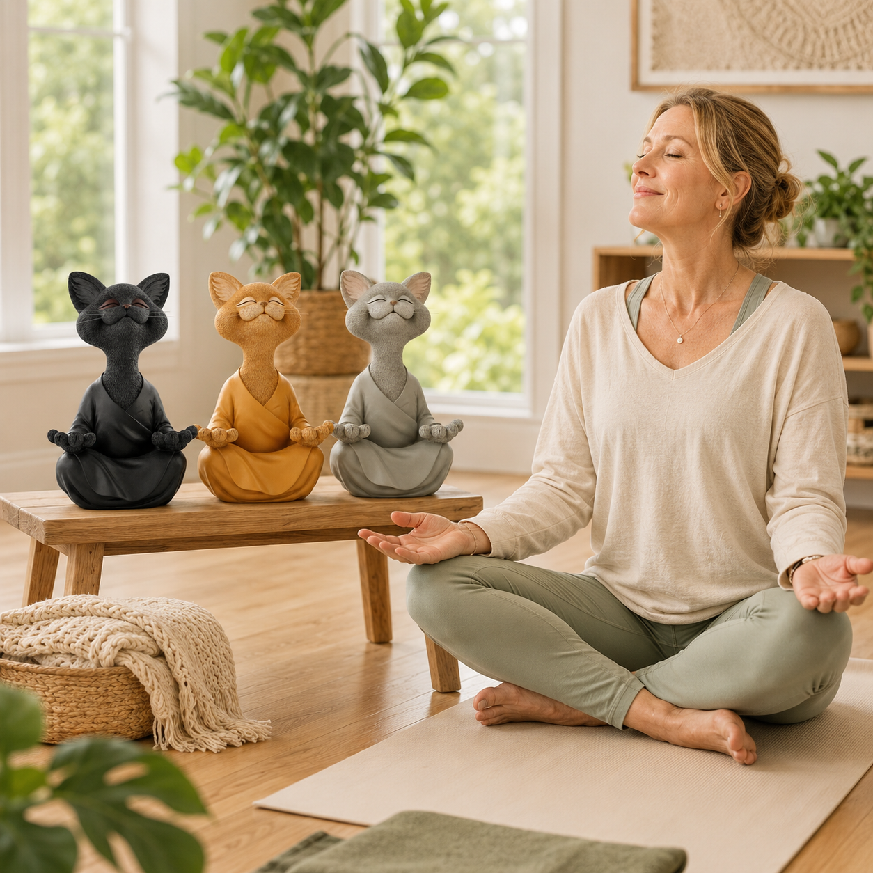 Smiling Zen Cat Meditation Figurine