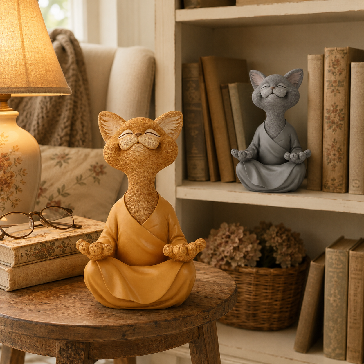 Smiling Zen Cat Meditation Figurine