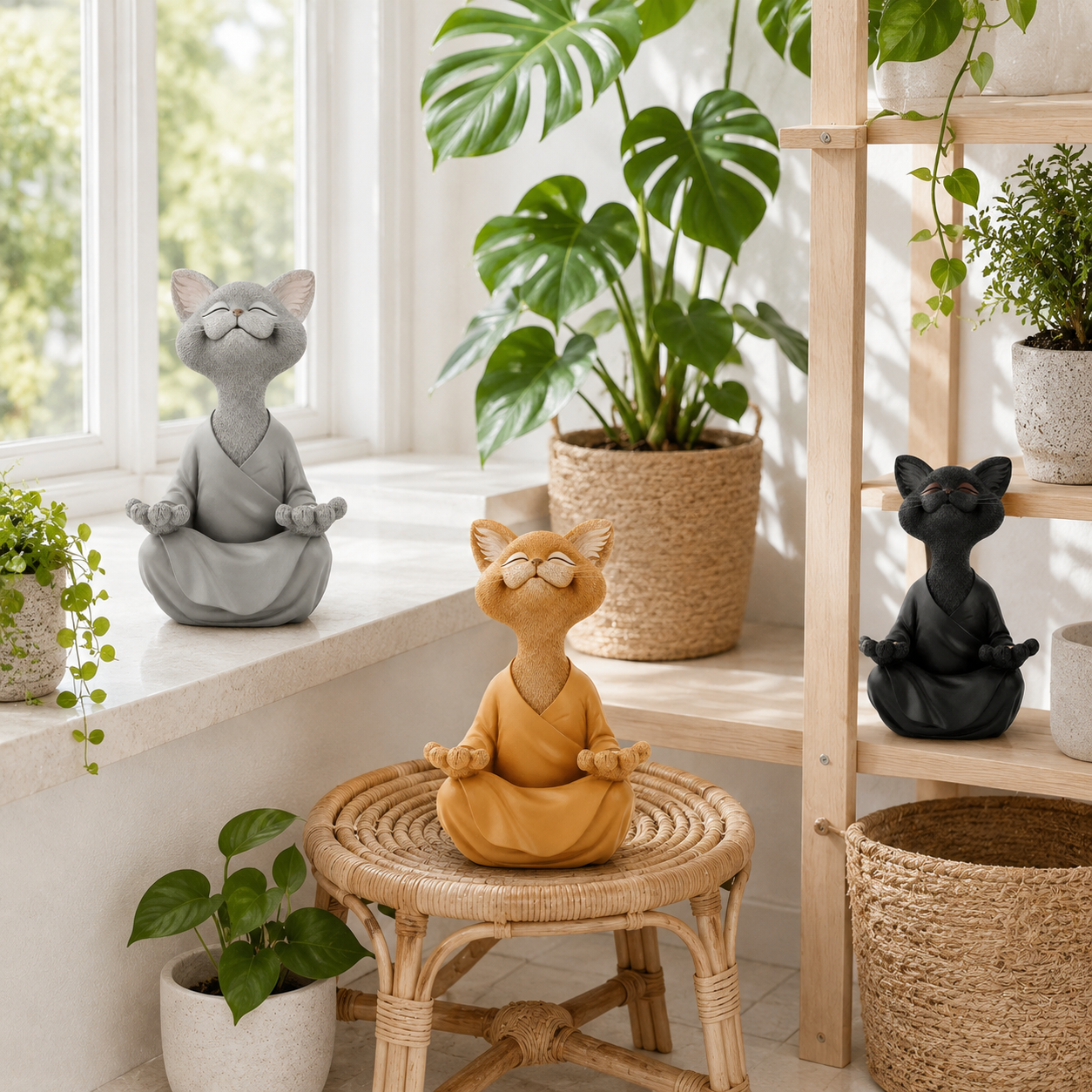 Smiling Zen Cat Meditation Figurine