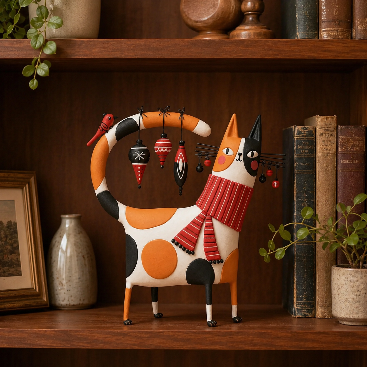 Whimsical Calico Cat Resin Figurine