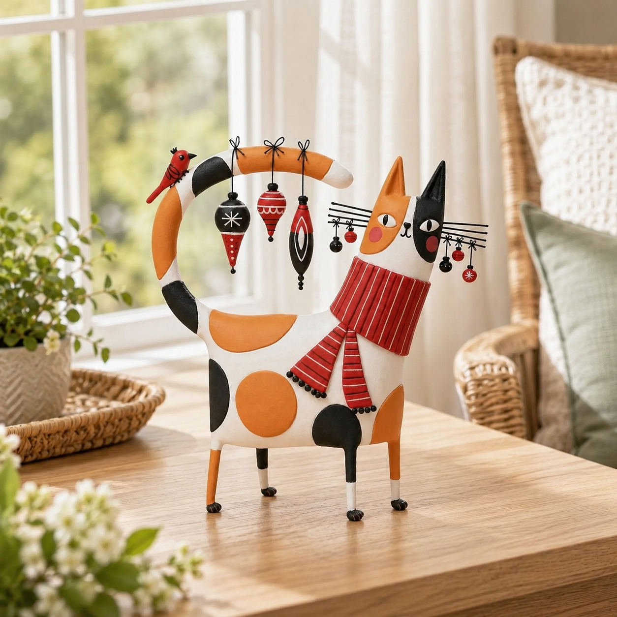 Whimsical Calico Cat Resin Figurine