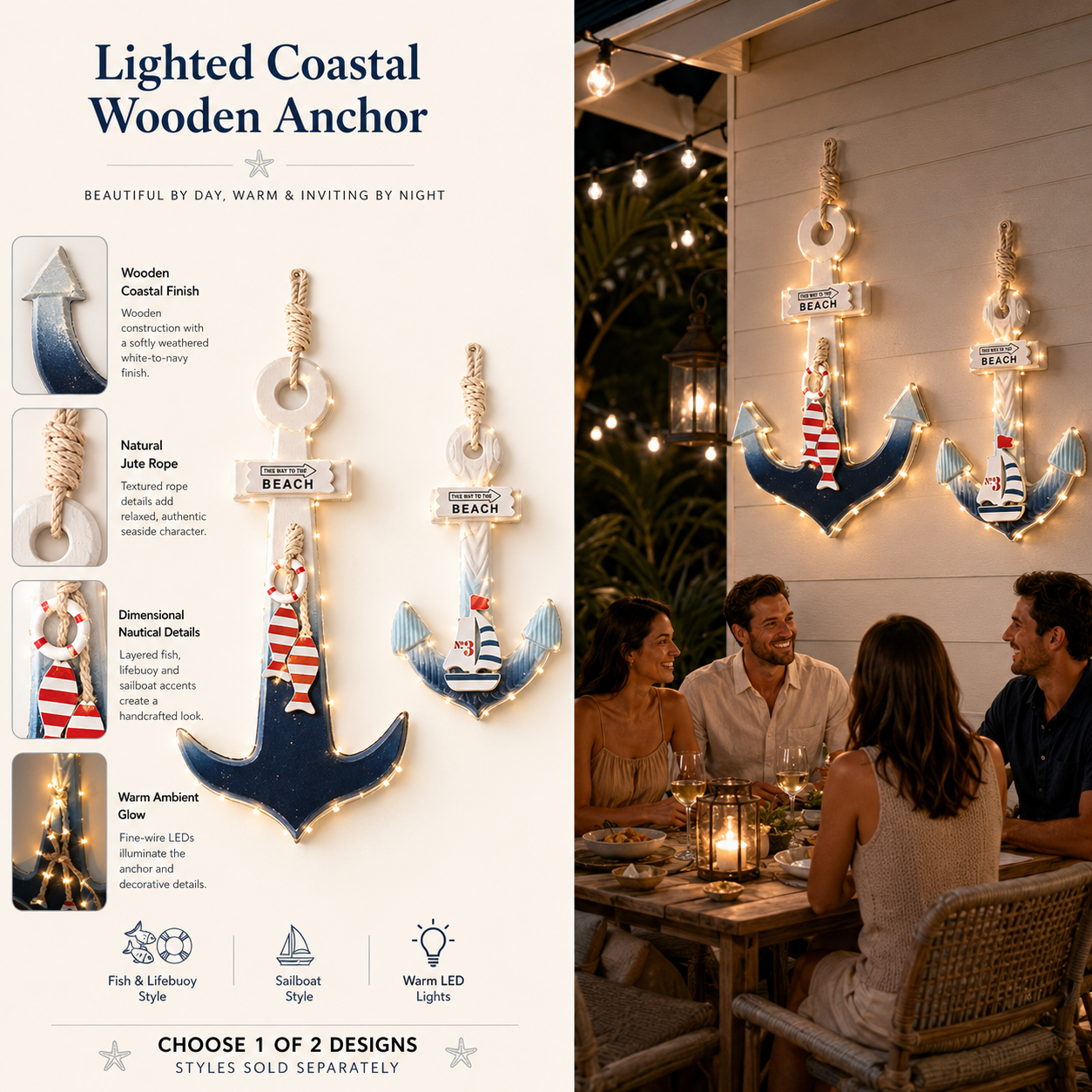 Lighted Coastal Wooden Anchor Wall Decor
