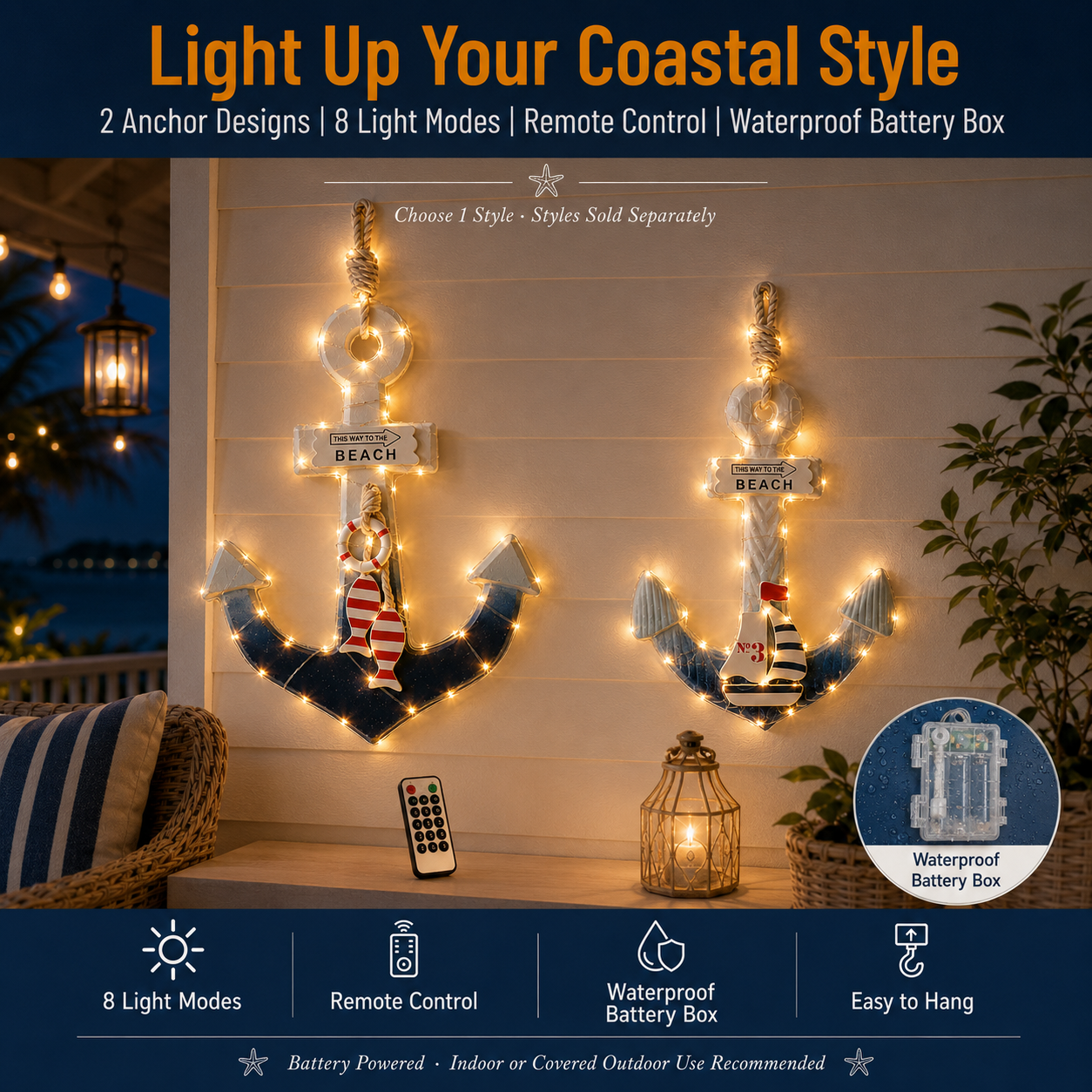 Lighted Coastal Wooden Anchor Wall Decor
