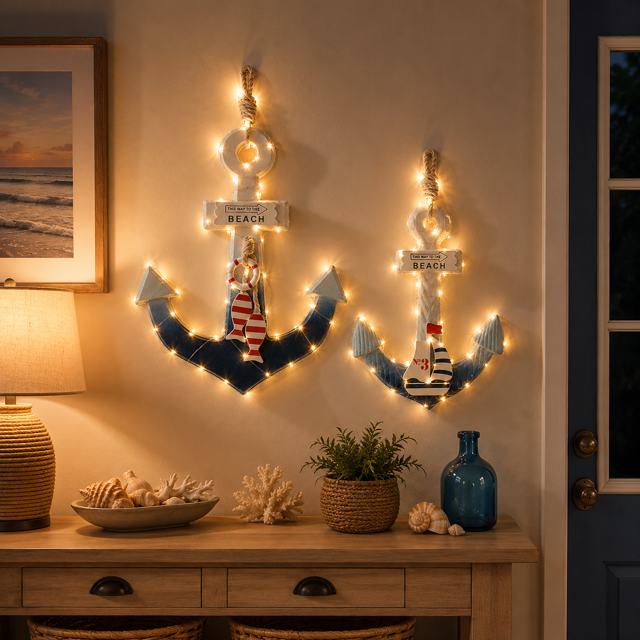 Lighted Coastal Wooden Anchor Wall Decor