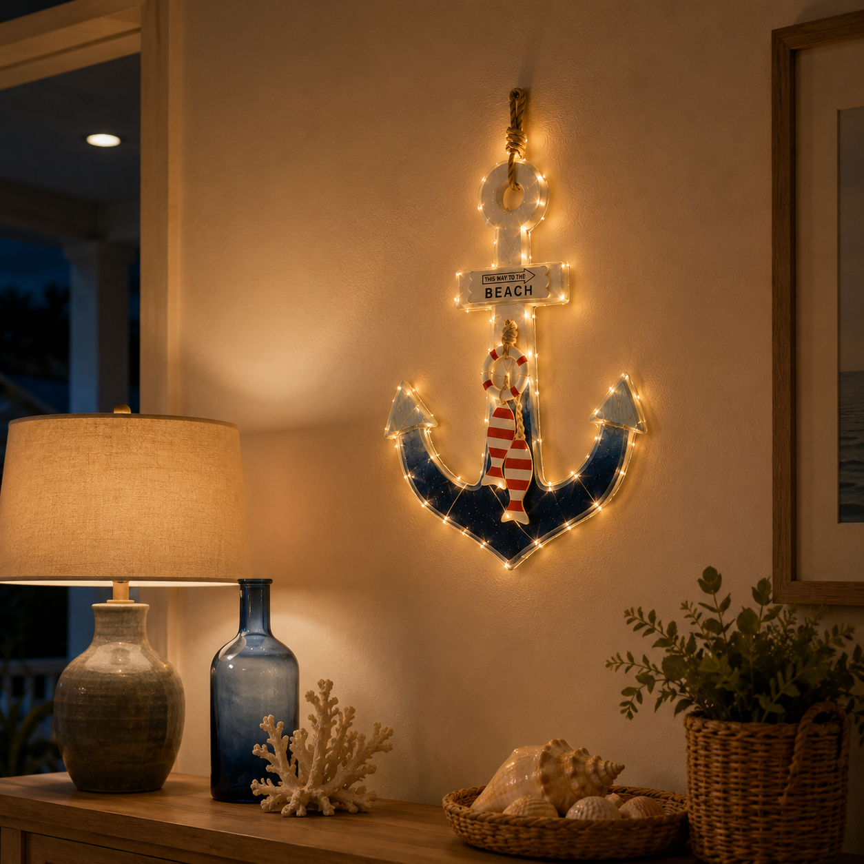 Lighted Coastal Wooden Anchor Wall Decor