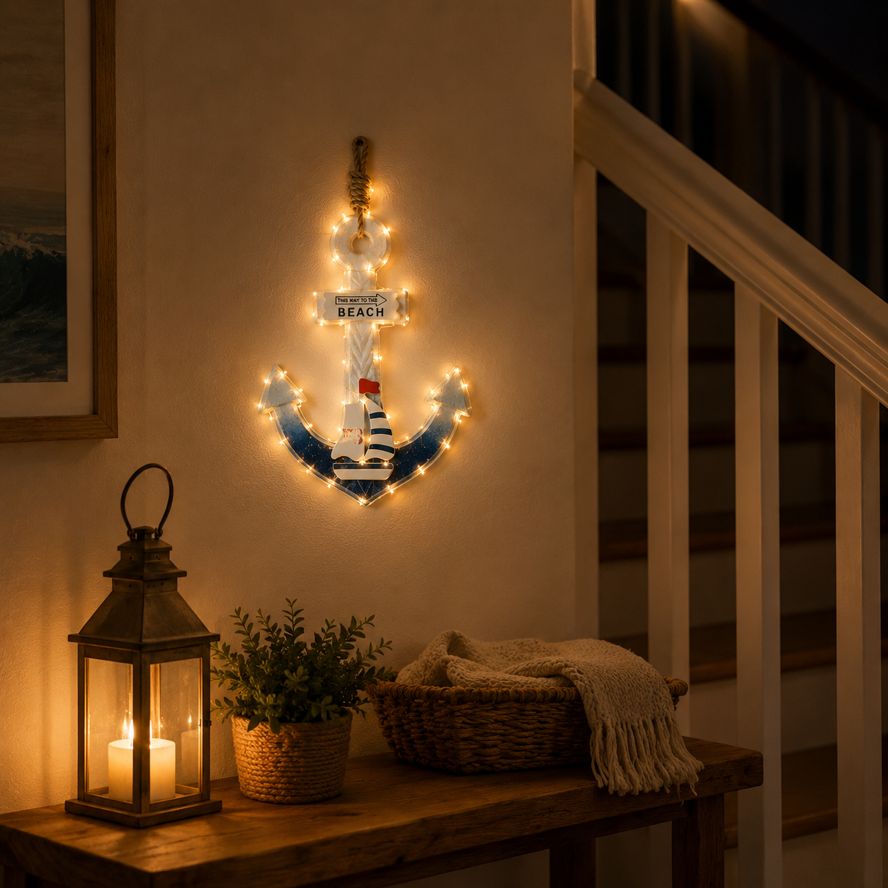 Lighted Coastal Wooden Anchor Wall Decor
