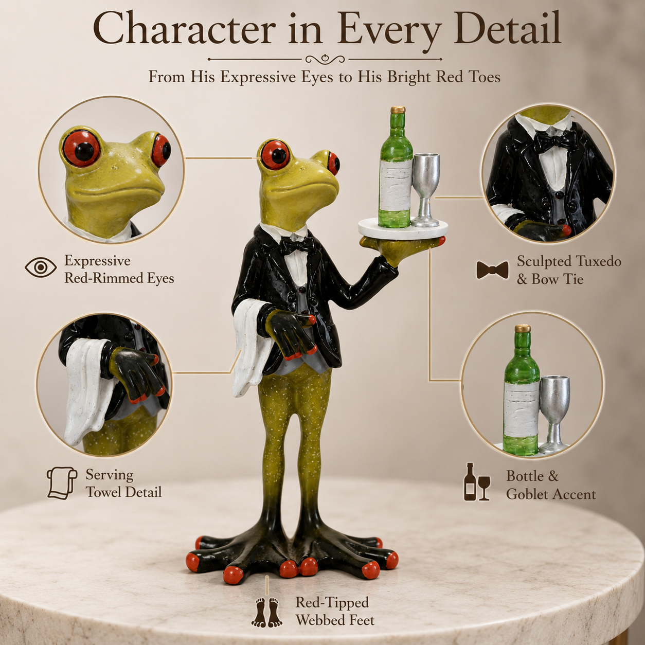 Dapper Frog Waiter Resin Figurine