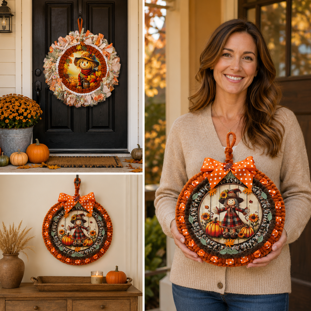 Fall Scarecrow Door Wreath, Thanksgiving Autumn Door Hanger