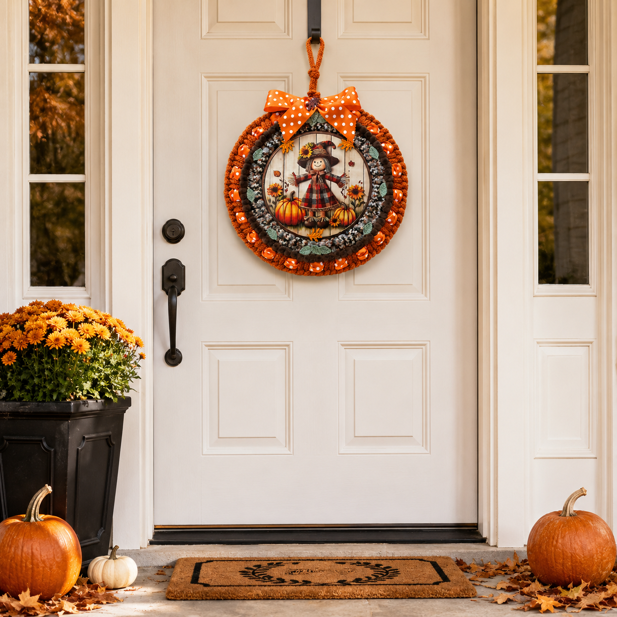 Fall Scarecrow Door Wreath, Thanksgiving Autumn Door Hanger