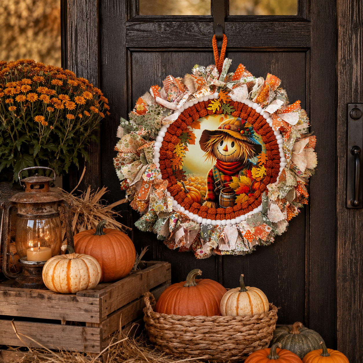Fall Scarecrow Door Wreath, Thanksgiving Autumn Door Hanger
