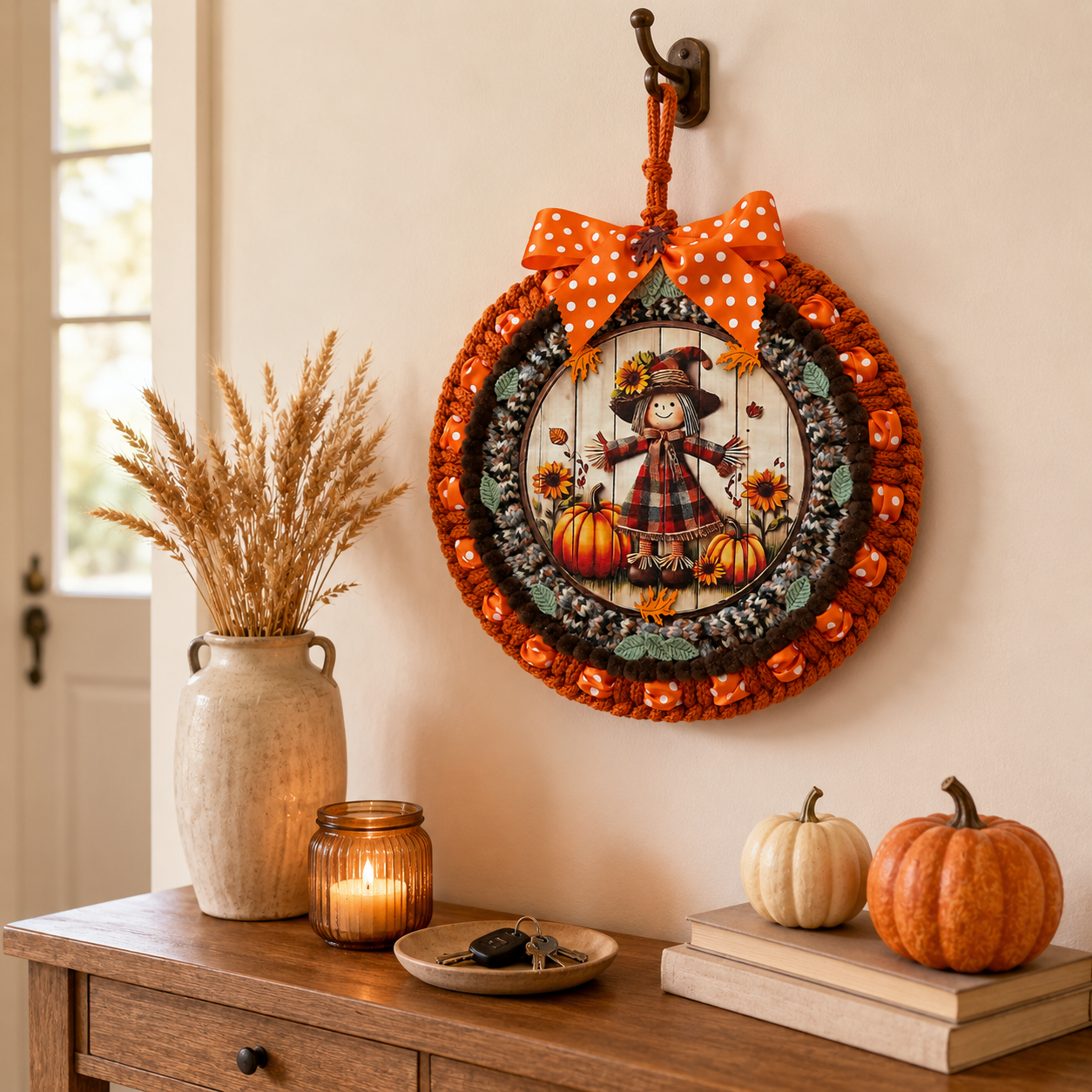 Fall Scarecrow Door Wreath, Thanksgiving Autumn Door Hanger