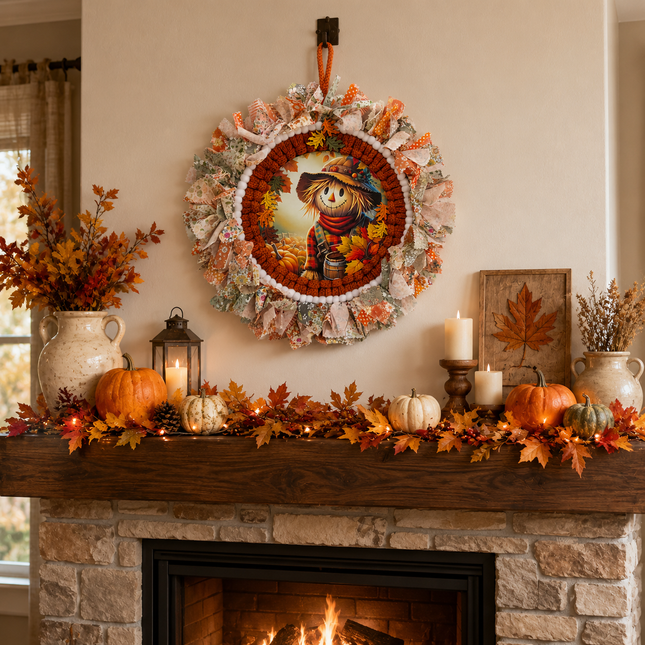 Fall Scarecrow Door Wreath, Thanksgiving Autumn Door Hanger
