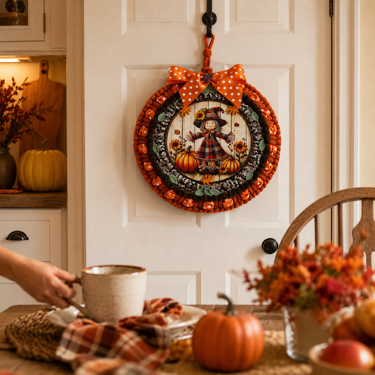 Fall Scarecrow Door Wreath, Thanksgiving Autumn Door Hanger