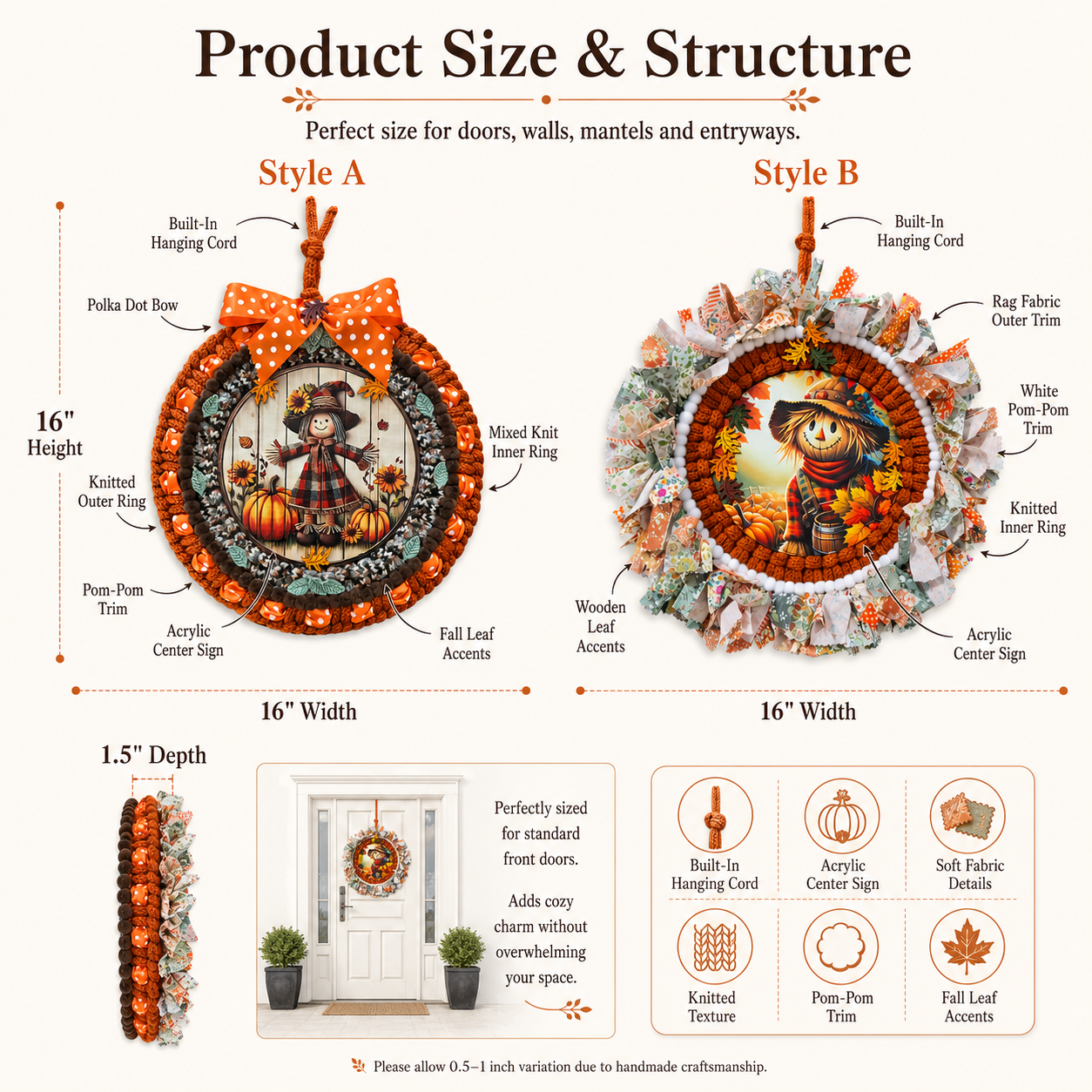 Fall Scarecrow Door Wreath, Thanksgiving Autumn Door Hanger