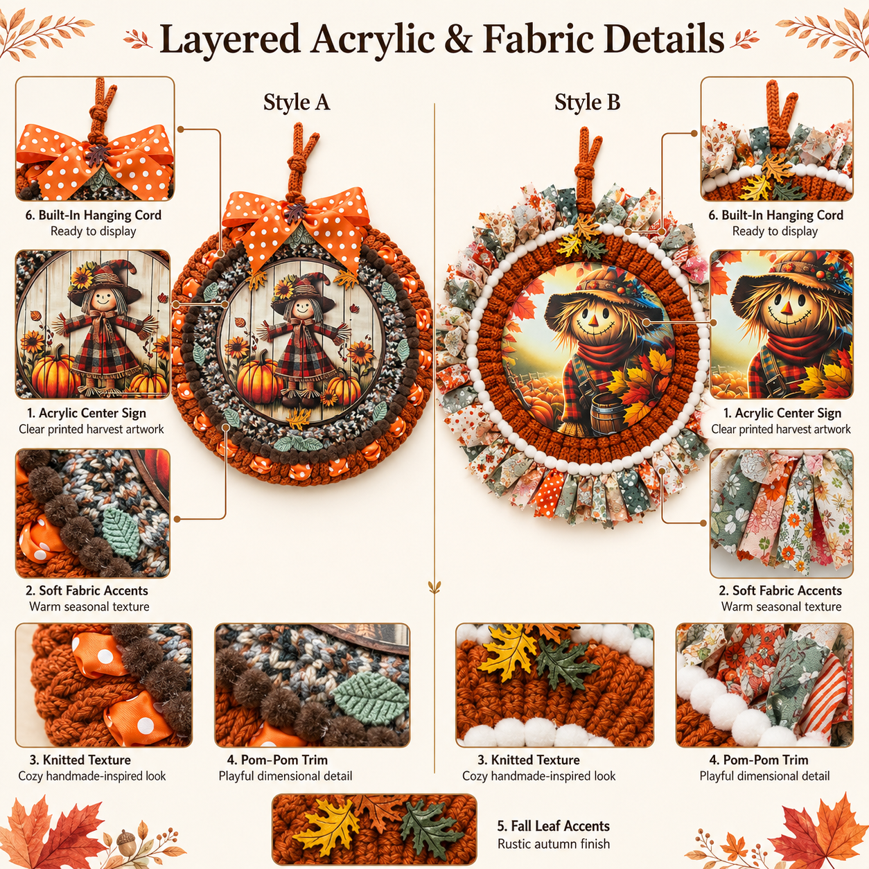 Fall Scarecrow Door Wreath, Thanksgiving Autumn Door Hanger