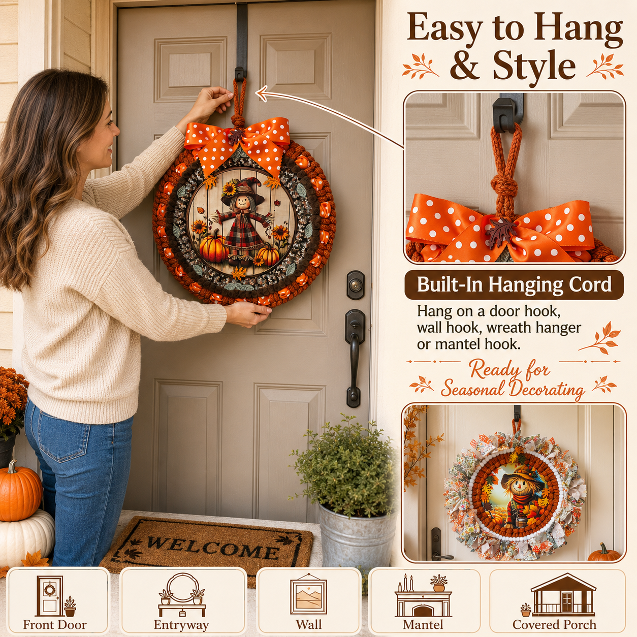 Fall Scarecrow Door Wreath, Thanksgiving Autumn Door Hanger