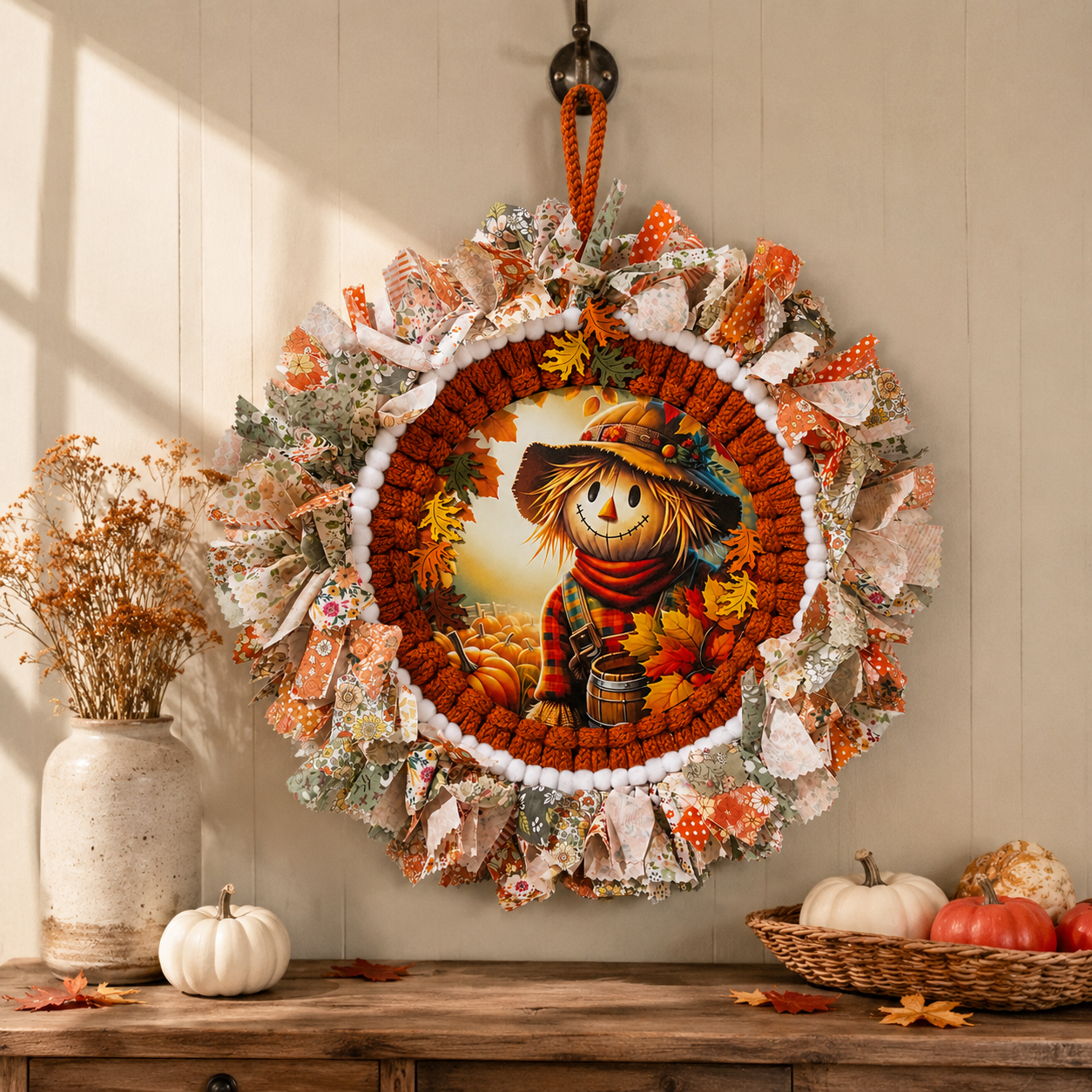 Fall Scarecrow Door Wreath, Thanksgiving Autumn Door Hanger