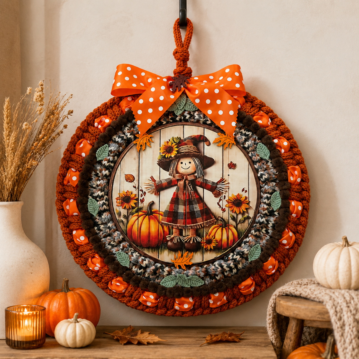Fall Scarecrow Door Wreath, Thanksgiving Autumn Door Hanger