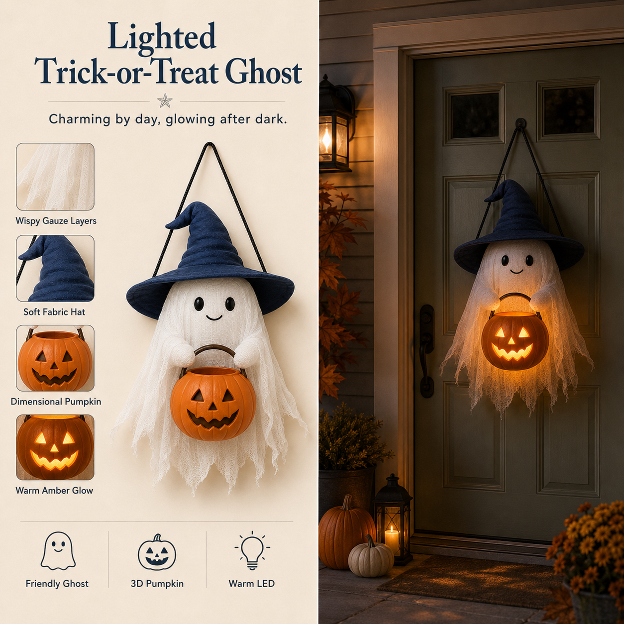 Lighted Trick-or-Treat Ghost Door Hanger