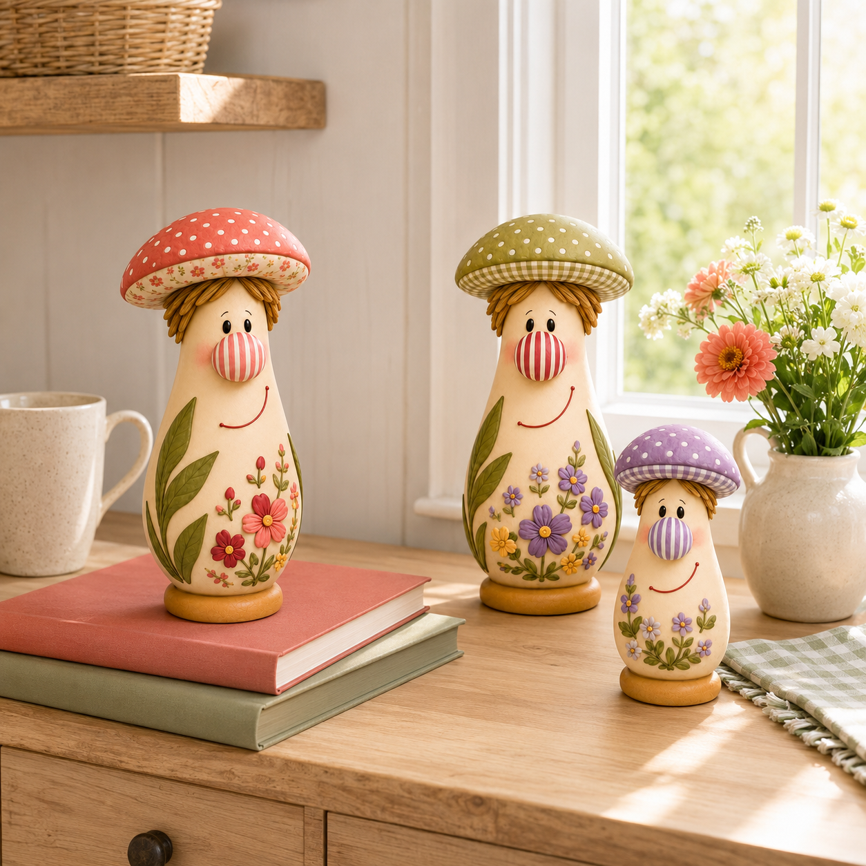 3Pcs  Cottage Bloom Mushroom Family Figurines 