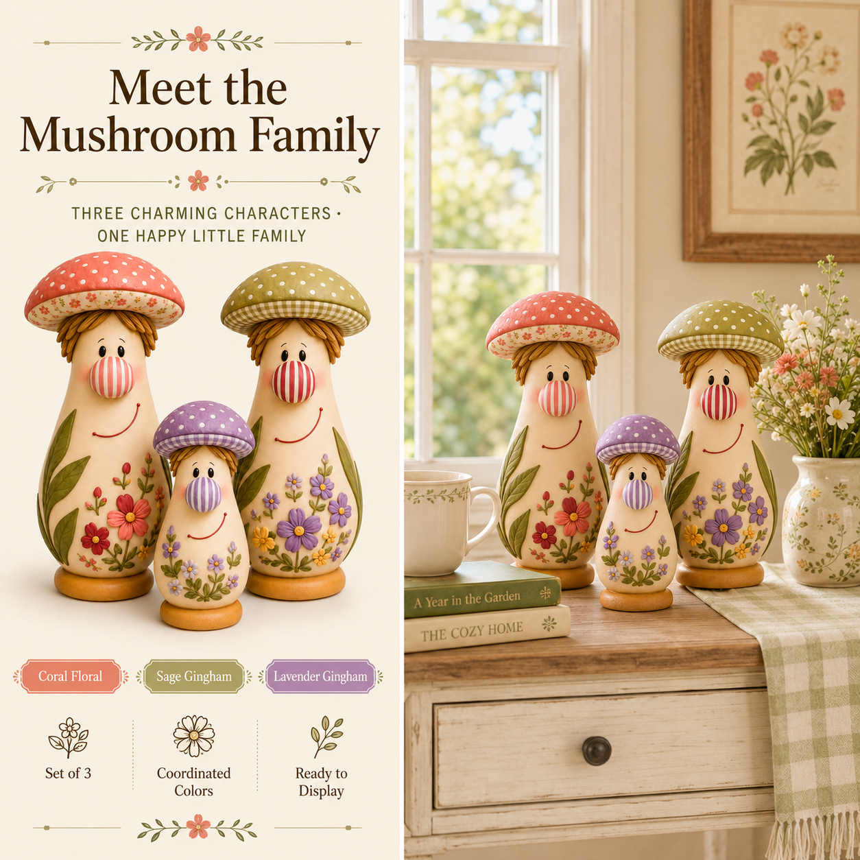 3Pcs  Cottage Bloom Mushroom Family Figurines 
