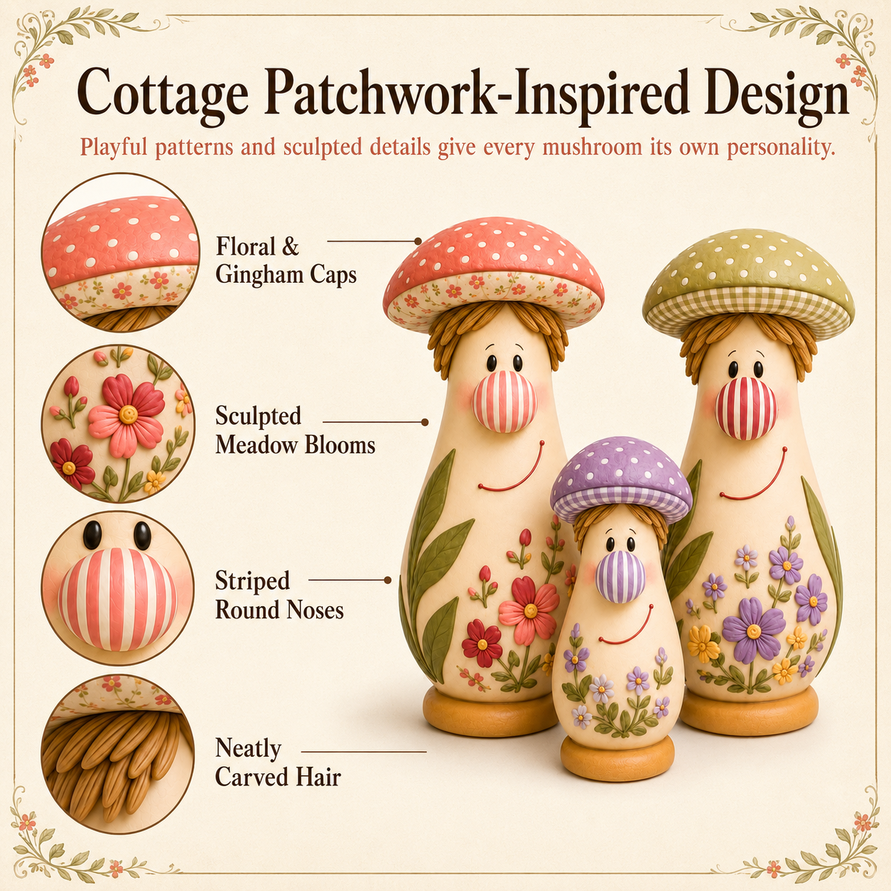 3Pcs  Cottage Bloom Mushroom Family Figurines 