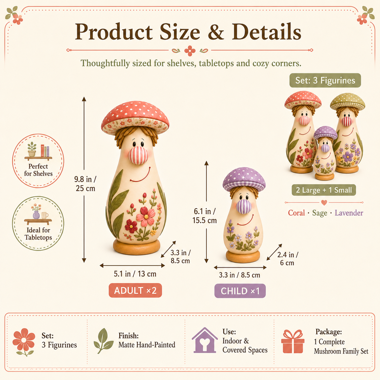 3Pcs  Cottage Bloom Mushroom Family Figurines 