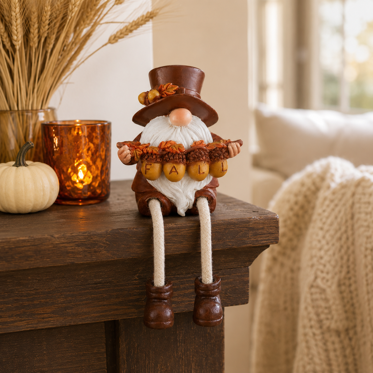 Fall Harvest Gnome Shelf Sitter with Dangling Legs