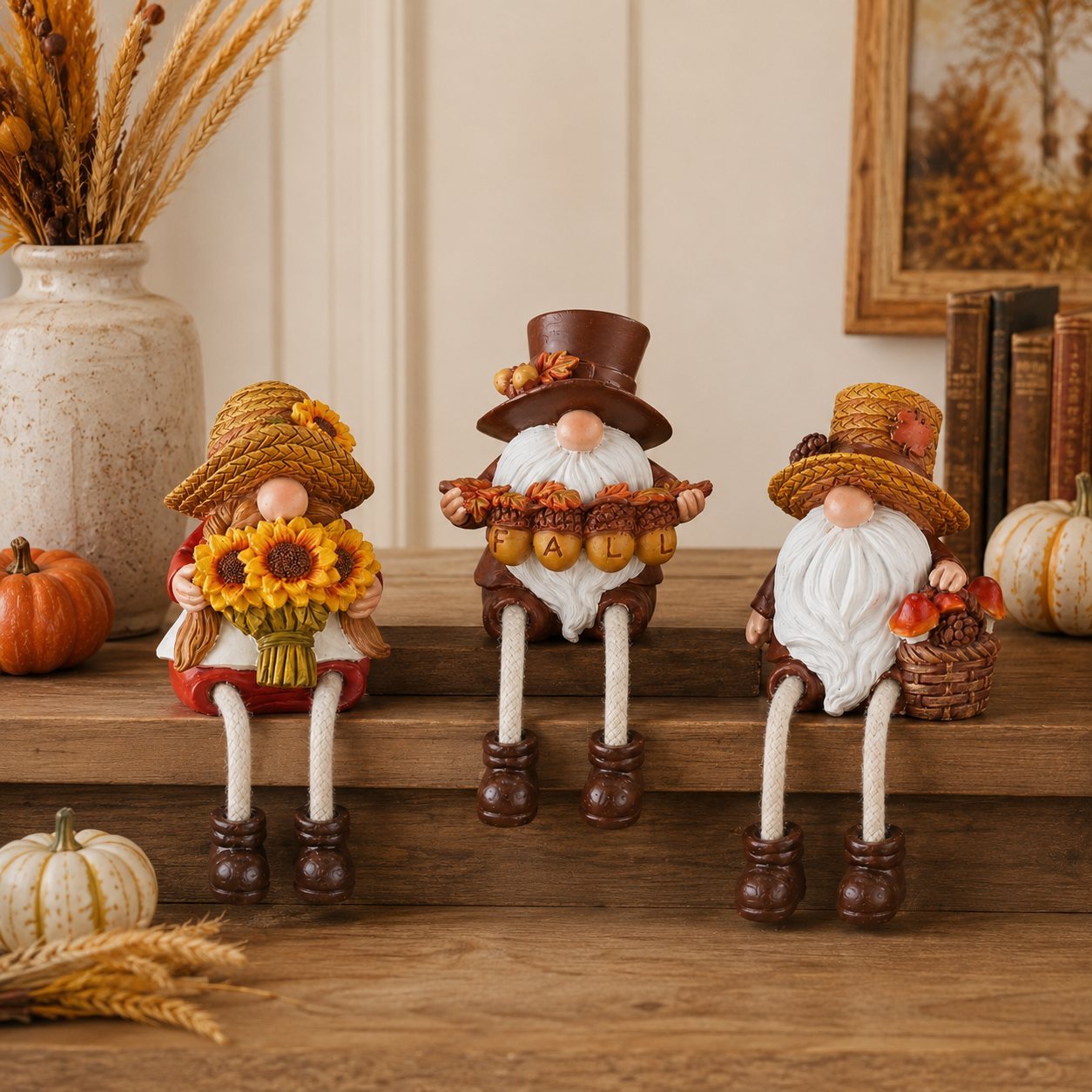 Fall Harvest Gnome Shelf Sitter with Dangling Legs