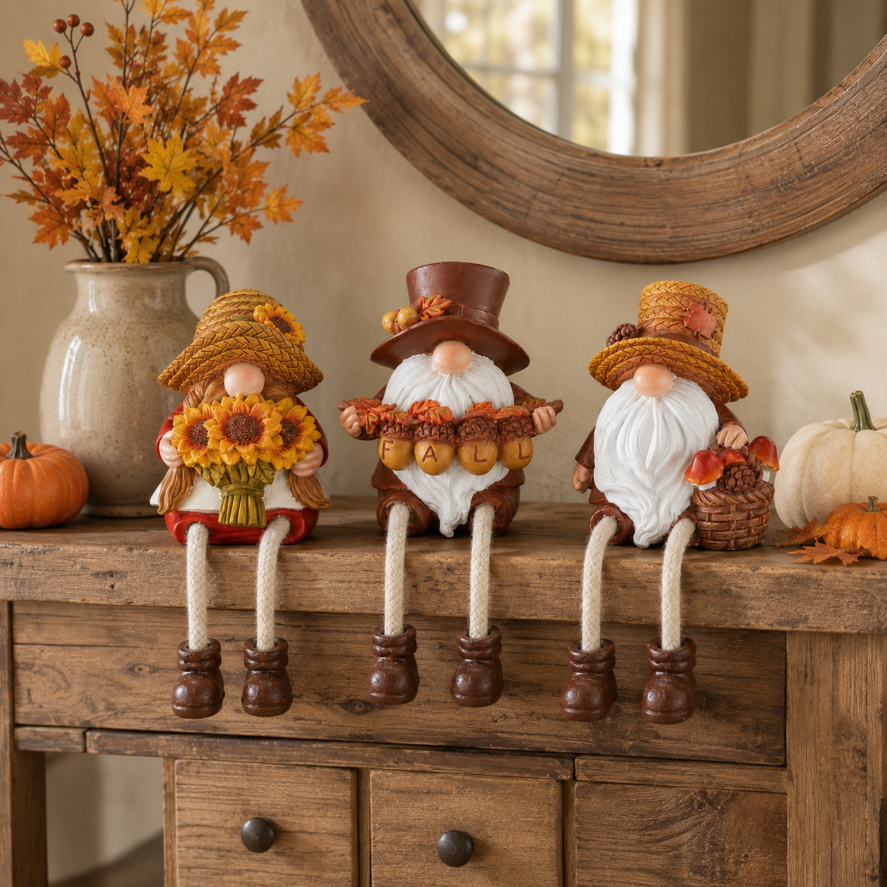 Fall Harvest Gnome Shelf Sitter with Dangling Legs